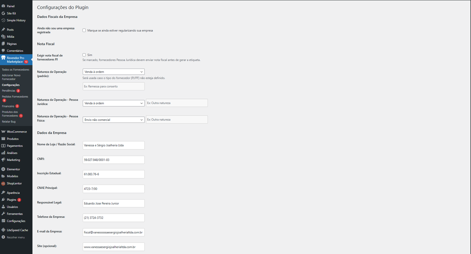 Aba de configurações do plugin com campos fiscais.