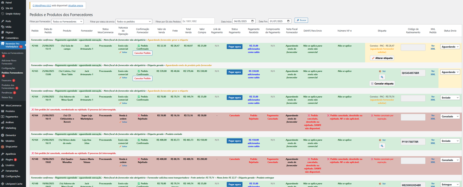 Tabela de pedidos em andamento para gestão dos pedidos pleo admin do wordpress.