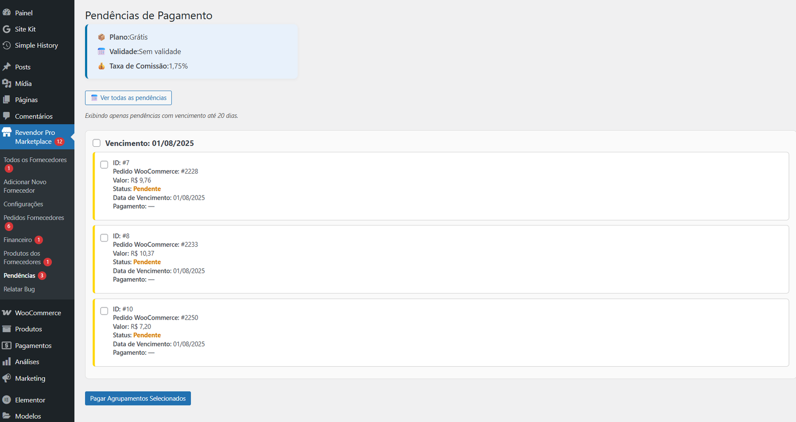 Aba de pendências do marketplace com o provedor do plugin.