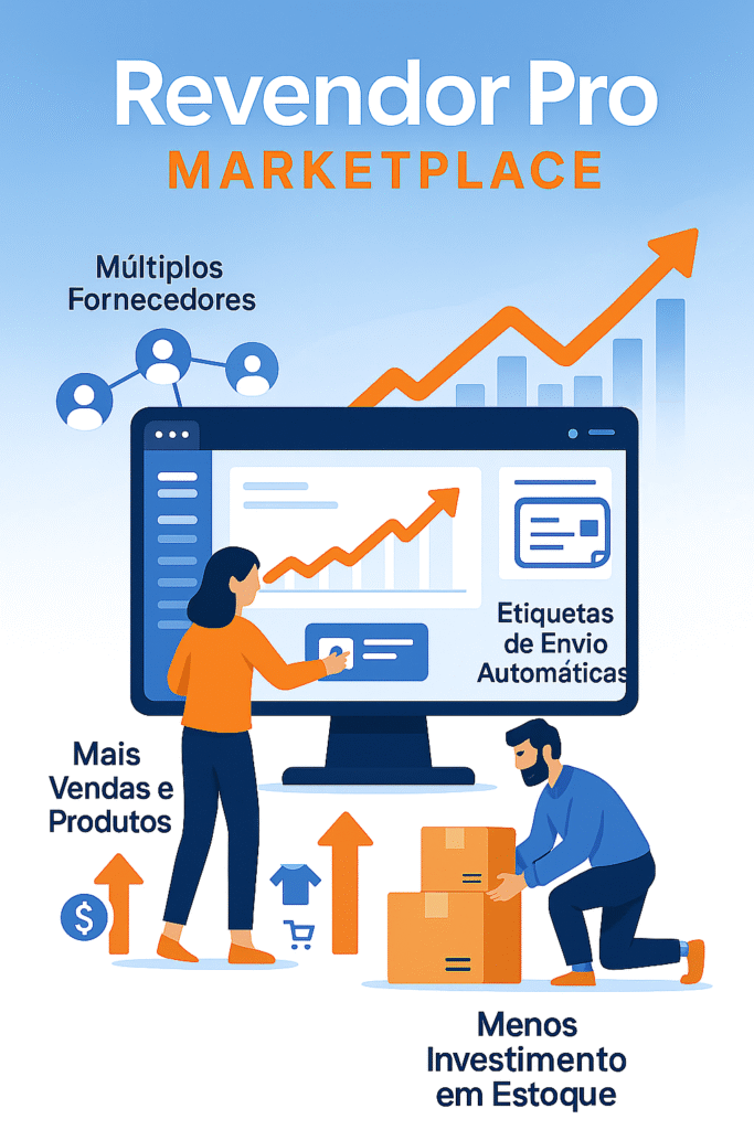 imagem com funcionalidades do plugin revendor pro marketplace. Menos investimento em estoque, múltiplos fornecedores, etiquetas de envio automáticas